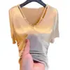 2025 Nuevo Estilo de Verano Cuello en V Color Puro Recorte Delgado Manga Corta Camiseta Moda Femenina Reductor de Edad Look Adelgazante Top es Popular Este Año