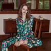 [Labios Rojos Verdes] Nuevo Conjunto de Ropa de Casa de Manga Larga con Estampado de Seda Simulada Fina de Seda Helada para Mujer de Primavera, Verano y Otoño