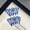 Azul Océano Elegante y Brillante con Forma de Corazón, Uñas Portátiles de Estilo Celebridad de Internet Más Vendidas, Hechas a Mano Puras para Chicas Populares, Pegatinas para Uñas al por Mayor