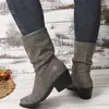 2026 Novas Botas Western de Couro Plissado Elegantes Tamanho Grande Cano Alto Salto Bloco Botas de Moda para Mulheres