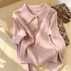 Tecido de fio fiado no centro, gola polo, suéter preto de tricô em trança, nova malha de outono, blusa interna solta e modeladora