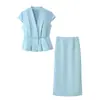 Moda europea y americana transfronteriza para mujer AliExpress INS artículo más vendido top halter de punto acanalado con hilo metálico + conjunto de falda midi