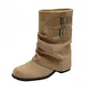 Botas de pantalón con hebilla para mujer, nuevo estilo otoño 2026, tacón grueso, botas de caballero plisadas vintage, botines elegantes de suela gruesa