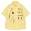 Camisa de manga corta con estampado de gofres retro americano y bordado floral colorido para hombre y mujer, camisa casual holgada de verano