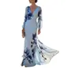 2026 Nuevo Modelo Estación Independiente Transfronteriza Estilo Europeo y Americano Vestido Largo Azul Estampado Elegante Vestido de Fiesta para Mujer