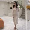 Vestido quadrado de pausa para o chá francês gola quadrada alta luxo leve socialite elegante base rosa justo malha justa feminina outono e inverno
