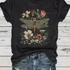 [Camiseta de Algodón Talla Europea] Moda Floral Libélula Verano Bohemio Camiseta Gráfica para Mujer Gris Oscuro Cuadros Europeos y Americanos