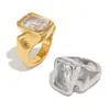Anillo de Acero Inoxidable con Baño de Oro de 18 Quilates, Cuadrado con Textura Profunda, Joyería de Moda de Venta Caliente Transfronteriza, Joyería para Mujeres