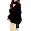 Elegante y sofisticado top de punto con cuello halter en V y manga larga para mujer, holgado y estilizado, suéter suave y acogedor