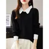 Suéter Pulóver de Cuello Polo Estilo Japonés y Coreano Transfronterizo para Mujer, Tejido de Punto Holgado y Casual Bloque de Color, Prenda Interior Base