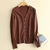 Chaqueta cárdigan de color liso para mujer, prenda exterior tejida, cuello en V corto, suéter casual para primavera y otoño, top holgado negro de manga larga, moderno