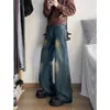 Calça larga plissada estilo retrô americano, corte reto, jeans lavado, estilo high-street, unissex, calça longa casual de modelagem solta para o outono