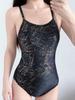 Roupa de banho feminina esportiva dourada sem costas, comprimento médio-alto, fenda, treino profissional com flash, secagem rápida competitiva, triângulo, peça única, sexy