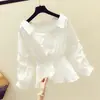 Camisa Suelta Reveladora de Clavícula con Cintura Ceñida para Primavera y Otoño 2026, Top de Cuello en V Estilo Coreano para Mujer, Blusa Blanca con Mangas Abullonadas