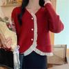 Suéter de Punto con Diseño de Volantes y Empalme de Moda para Mujer 2022 Primavera Nuevo Cardigan Elegante Chaqueta con Cuello en V Top Corto