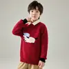 Suéter infantil de lã pura para meninos e meninas, gola redonda solta, estilo doce e fofo, blusa base de tricô com ovelhinha de desenho animado