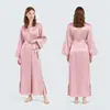 Robe Longo Estilo Europeu de Seda Gelo para Mulheres Decote V Amarração Cor Sólida Roupão Simples Roupa de Casa Robe de Manhã WP4283