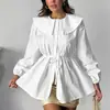 Camisa Blanca de Algodón Puro Estilo Europeo y Americano con Cintura Plisada para Ajustar con Lazo y Cuello Peter Pan para Mujer, Top Elegante de Gama Alta Adelgazante de Otoño