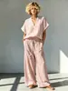 2026 Amazon Europa América Transfronterizo Verano Nuevo Algodón Lino Casual Cuello en V Manga Corta Camisa + Pantalones de Pierna Ancha Conjunto Mujer