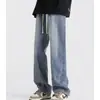 Jeans de pierna recta holgados versátiles para hombre, de estilo americano streetwear, con cordón elástico en la cintura y efecto desgastado, nueva marca de moda, ropa para hombre