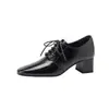 Otoño 2025 Nuevos Zapatos Europeos y Coreanos para Mujer Tacón Grueso Punta Cuadrada Cierre de Cordones Delantero Boca Profunda Zapatos de Salón Retro Británico Tacón Medio Zapatos Pequeños de Piel