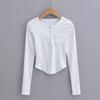 Liquidación Tendencia de Fotografía Callejera Estilo Europeo y Americano Nuevo Otoño para Mujer Hebilla de Uña para Mujer Camisa Base Bolsillo Camiseta Top de Color Sólido