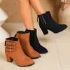 Botas de jinete de moda estilo europeo y americano, talla grande 40-43, punta fina, tacón grueso, corte bajo, tacón ultralto, hebilla de cinturón, botas de mujer de color liso L10