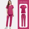 Uniforme de Trabalho para Salão de Beleza Spa Uniforme de Enfermeira Multicor Manga Curta Calça Longa Estilo Fino Laço Jaleco Gola V Uniforme Cirúrgico