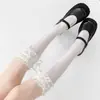 Calcetines Lolita dulces estilo japonés hasta la pantorrilla con ribete de encaje y lazos apilados para niñas, lindos blancos