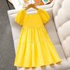 Vestido Elegante de Manga Abullonada para Niñas Verano Amarillo Falda de Cumpleaños Vestido de Princesa para Niñita Falda Larga para Niños Medianos y Grandes