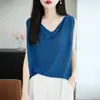 Chaleco de punto de lino con perlas y cuello en V irregular, color liso transpirable, estilo coreano, top de verano sin mangas simple para mujer