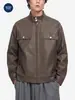 Jaqueta de Couro Masculina Muqiu Tendência Vintage Silhueta Gola Alta para Homens, Caimento Solto, Funcional, Estilosa, Casaco de Couro Casual