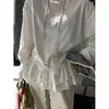 Camiseta de manga longa 2024 outono e inverno, tamanho grande 200kg, cintura com cordão, babados, cor sólida, versão em rede, estilo Joker ins