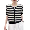 Camiseta de rayas de talla grande para verano, cárdigan moderno con cuello en V, tejido de punto fino en contraste de color, top holgado informal de manga corta