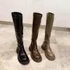 Novedad Otoño/Invierno 2026 Botas Largas Marrón Oscuro Hasta la Rodilla, Botas de Tacón Grueso Color Caqui para Mujer, Botas de Jinete de Punta Redonda