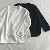 Camiseta Básica Elegante de Principios de Otoño con Abertura Lateral y Dobladillo Curvo, Camiseta de Manga Larga Yasha Holgada de Longitud Media con Cuello Redondo para Mujer
