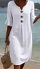 Vestido de Algodão e Linho com Decote V, Botões Grandes e Mangas Bufantes para Mulheres - Lançamento Primavera/Verão 2026 Amazon Europeu e Americano Transfronteiriço