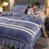 2026 Novo Conjunto de Quatro Peças em Lã de Leite de Peso Elevado Flanela Espessa Fleece Coral Fleece Sable Dourado Estilo Saia de Cama com Estampa Fleece