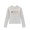 Camiseta Branca e Cinza com Ombro Reto, Gola Redonda e Manga Longa para Mulheres, Nova Estampa de Desenho Animado 2026, Top Versátil Slim-Fit que Rejuvenesce