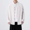 Cardigan V-neck Estilo Chinês Masculino Outono 2026 Algodão-linho Vintage Manga Longa Camisa Solta Casual Novo Top Estilo Chinês