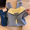 Chaqueta Suéter de Punto Cardigan de Color Contrastante con Solapa y Doble Cremallera Estilo Coreano para Mujer 2025 Otoño e Invierno Nuevo Estilo Holgado de Alta Gama Tendencia