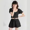 Traje de baño de dos piezas estilo princesa francesa, manga corta, busto pequeño, push-up, manga abullonada, lindo, adelgazante, falda conservadora, para vacaciones