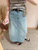 Saia Jeans Retrô de Cintura Alta de Alta Qualidade Estilo Novo de Verão para Mulheres, Midi com Fenda Emagrecedora Casual