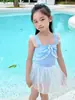Maiô Infantil para Meninas, Estilo Peça Única com Saia, Esportivo e Casual, Saia Bolha para Crianças em Idade Escolar, Saia de Banho para Resort e Águas Termais Atacado com Mangas Bufantes