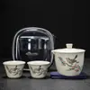 Juego de Té de Viaje Horno Ru, un Tetera Tres Tazas Bolsa Portátil, para Coche Exterior, Suministros Portátiles, Regalo Sencillo de Acompañamiento