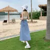 Saia Jeans Azul Claro para Mulheres, Tendência de Verão Versátil Nova Cintura Elástica Drapeada Cintura Alta Linha A Longa