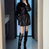 Chaqueta de Piel Sintética Negra para Mujer 2026 Nuevo Estilo de Gama Alta con Cordones Holgada de Longitud Media Abrigo de Moda