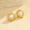 Pendientes de Encaje de Cáñamo Dorado Estilo Europeo y Americano Flor Perla Acero Inoxidable Chapado en Oro Joyería para Orejas de Lujo Ligero Venta al por Mayor