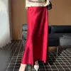 Falda midi de satén dorado con abertura lateral para mujer, primavera y otoño, de cintura alta, adelgazante, brillante, estilo retro francés, falda de línea A
