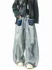 Jeans exclusivo com design graffiti desgastado para homens e mulheres, calças largas retrô de outono, calças casuais cool de alta qualidade.